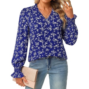 GRACE KARIN Womens Long Sleeve Boho Tops Ruffle Work Blouses Chiffon Shirts(Royal Blue)