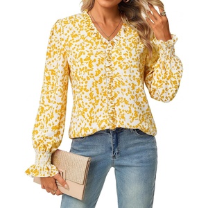 GRACE KARIN Womens Long Sleeve Boho Tops Ruffle Work Blouses Chiffon Shirts(Yellow)