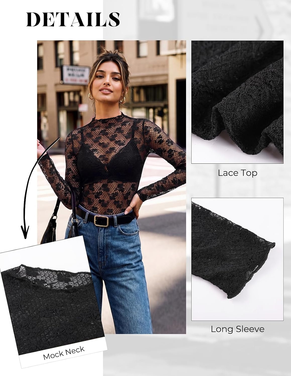 image:imageGRACE KARIN 2026 Mock Neck Sheer Lace Long Sleeve TopBlack Lace