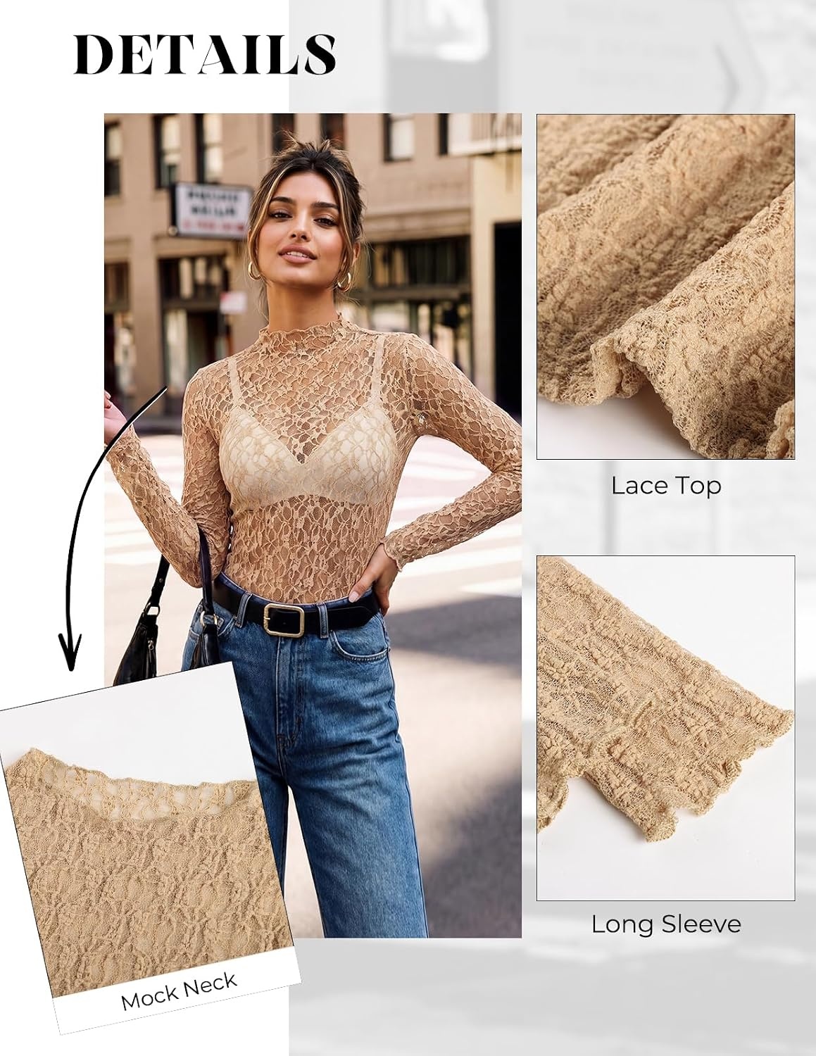 image:imageGRACE KARIN 2026 Mock Neck Sheer Lace Long Sleeve TopKhaki Textured Lace