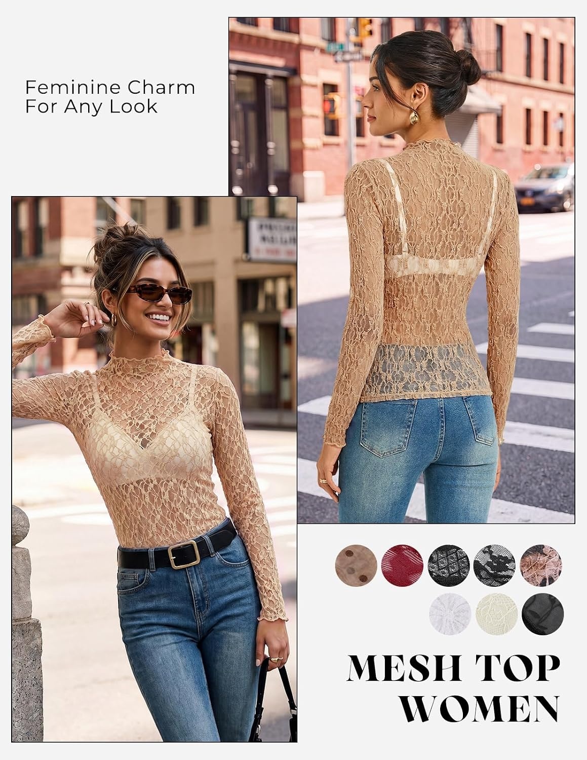 image:imageGRACE KARIN 2026 Mock Neck Sheer Lace Long Sleeve TopKhaki Textured Lace