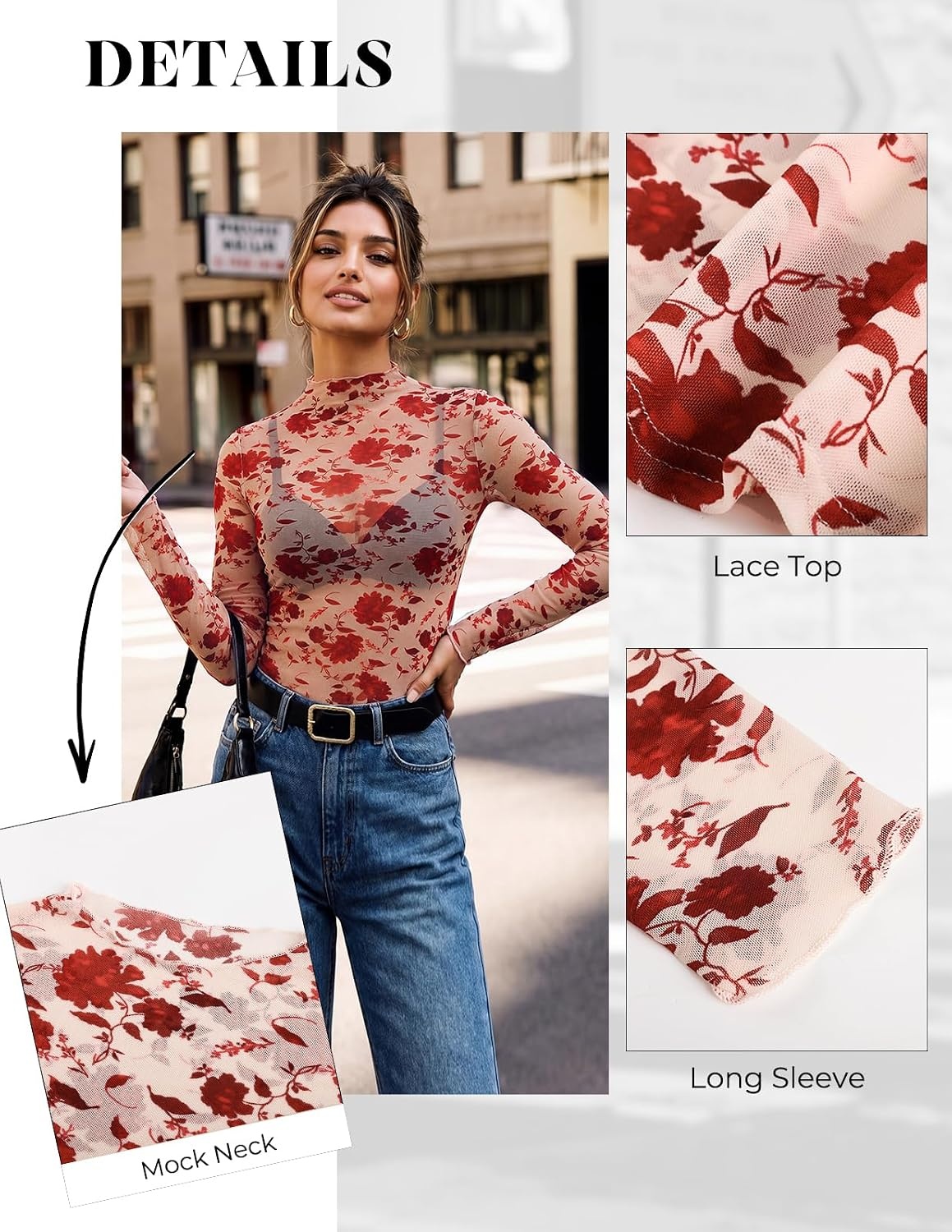 image:imageGRACE KARIN 2026 Mock Neck Sheer Lace Long Sleeve TopRed Flower