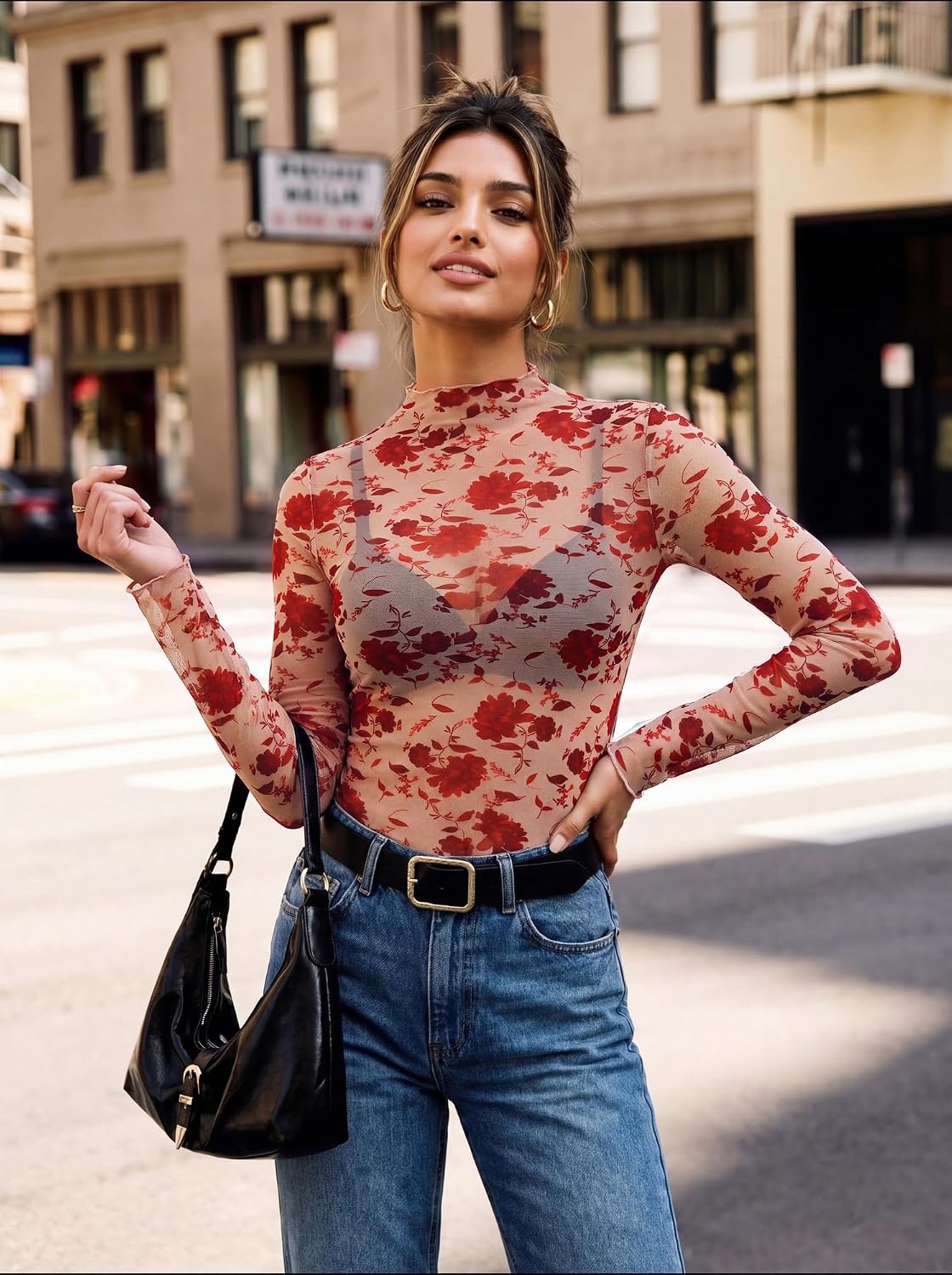 image:imageGRACE KARIN 2026 Mock Neck Sheer Lace Long Sleeve TopRed Flower