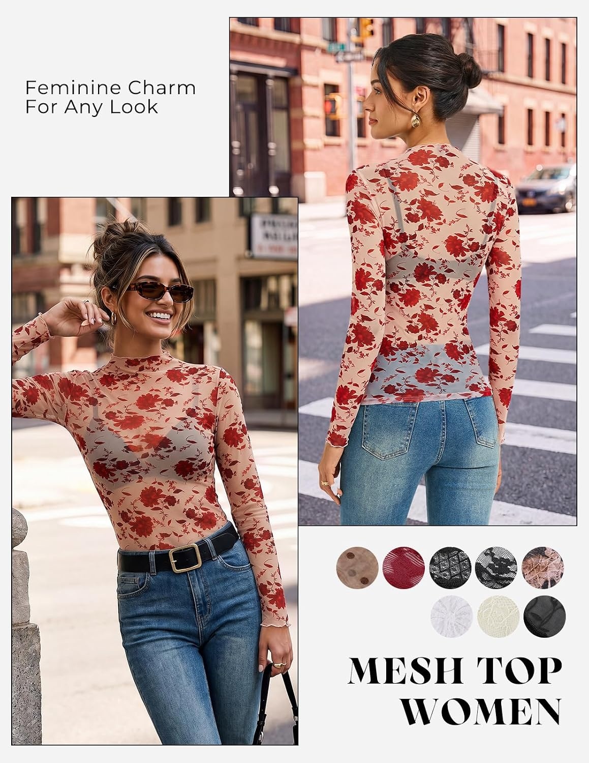 image:imageGRACE KARIN 2026 Mock Neck Sheer Lace Long Sleeve TopRed Flower