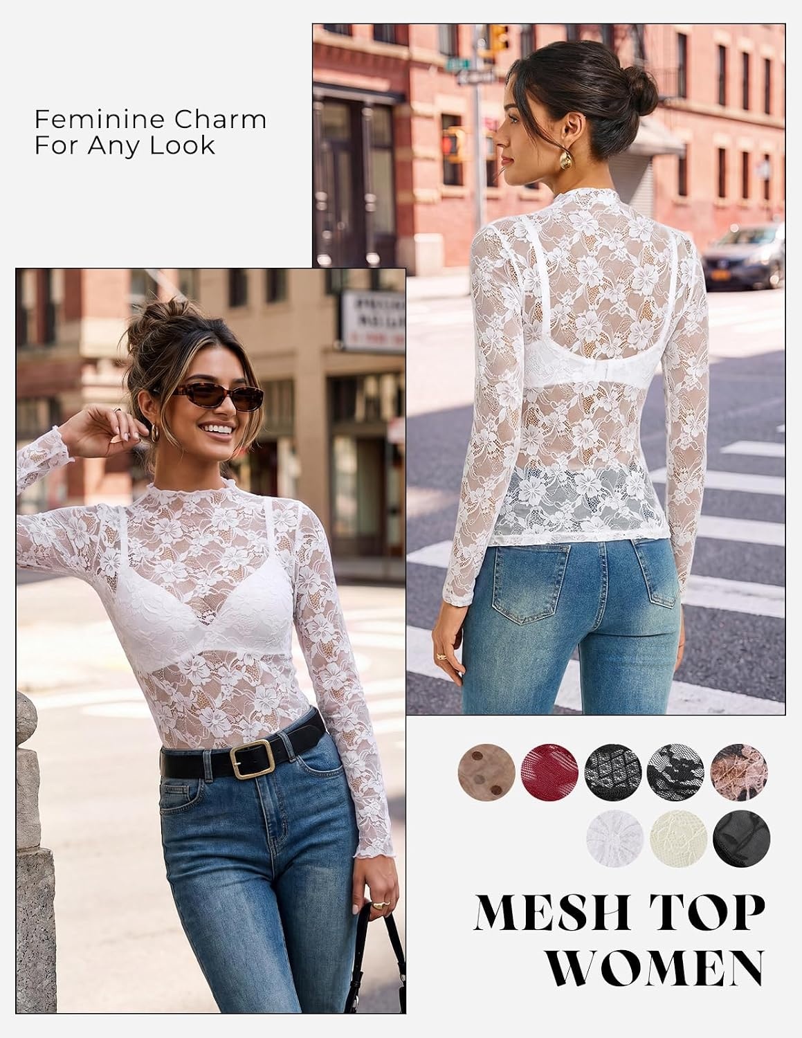 image:imageGRACE KARIN 2026 Mock Neck Sheer Lace Long Sleeve TopWhite Lace
