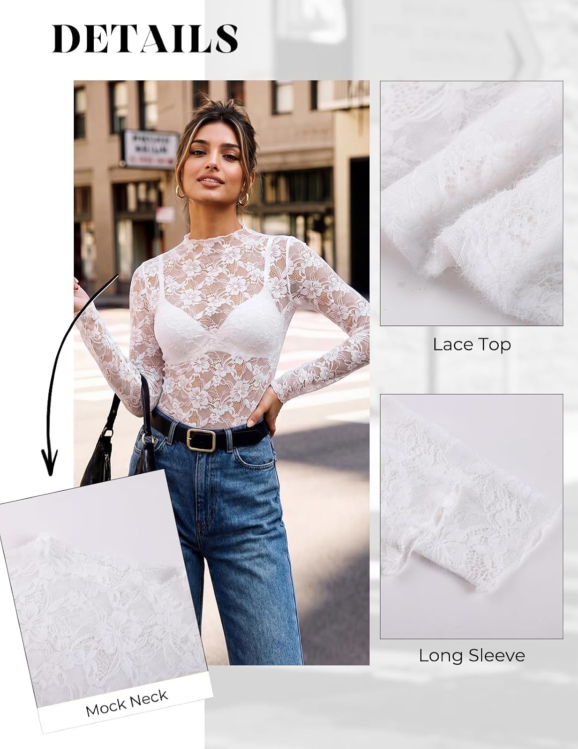 image:imageGRACE KARIN 2026 Mock Neck Sheer Lace Long Sleeve TopWhite Lace