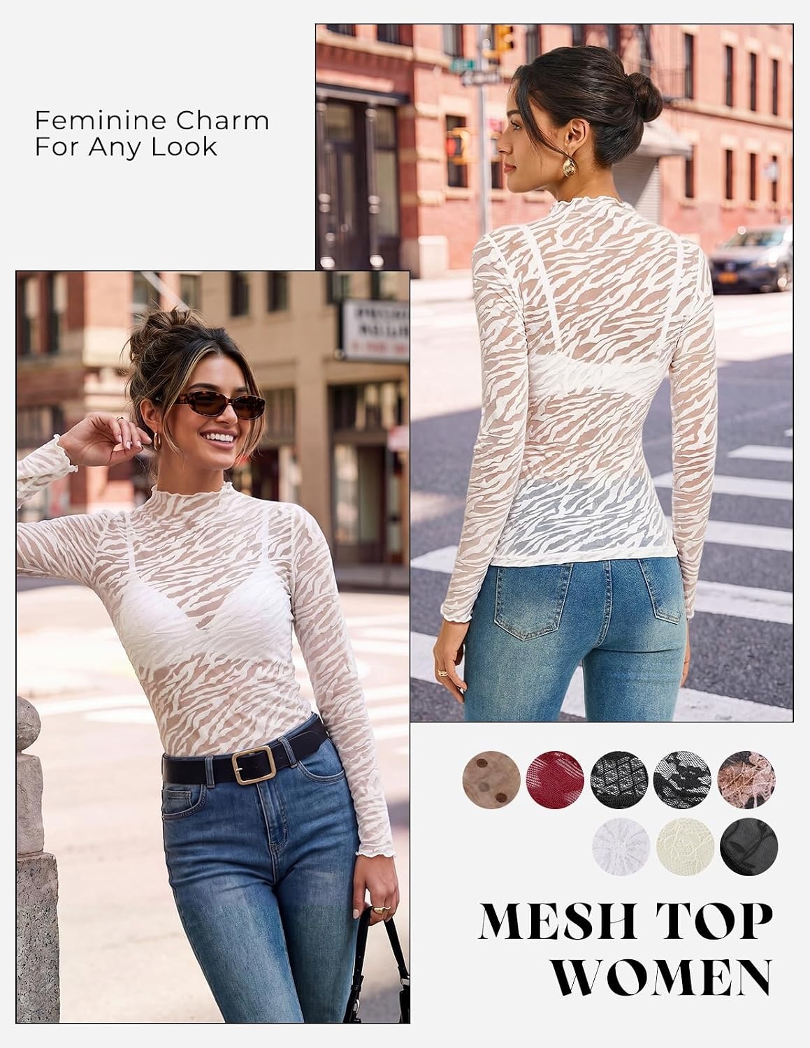 image:imageGRACE KARIN 2026 Mock Neck Sheer Lace Long Sleeve TopWhite Velvet Texture