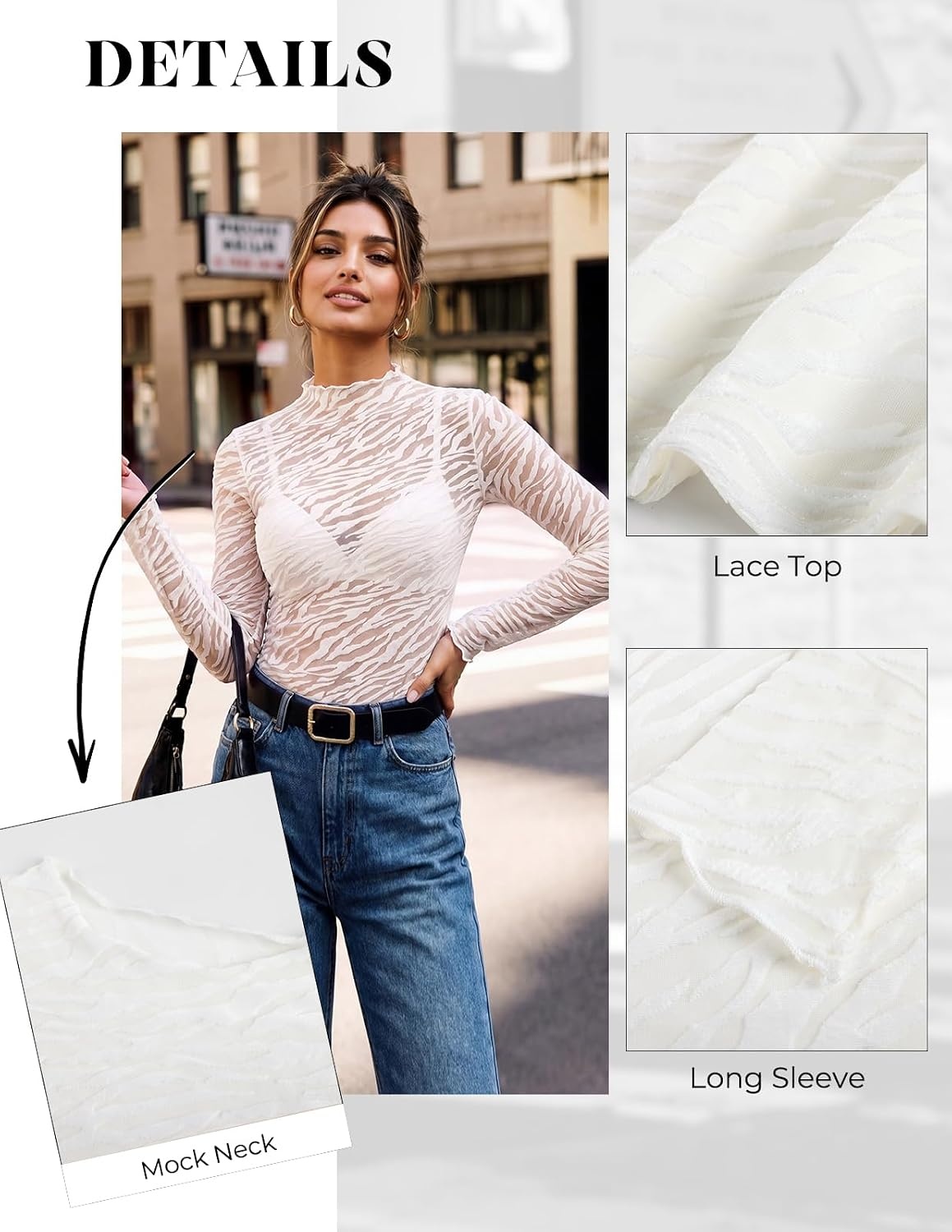image:imageGRACE KARIN 2026 Mock Neck Sheer Lace Long Sleeve TopWhite Velvet Texture