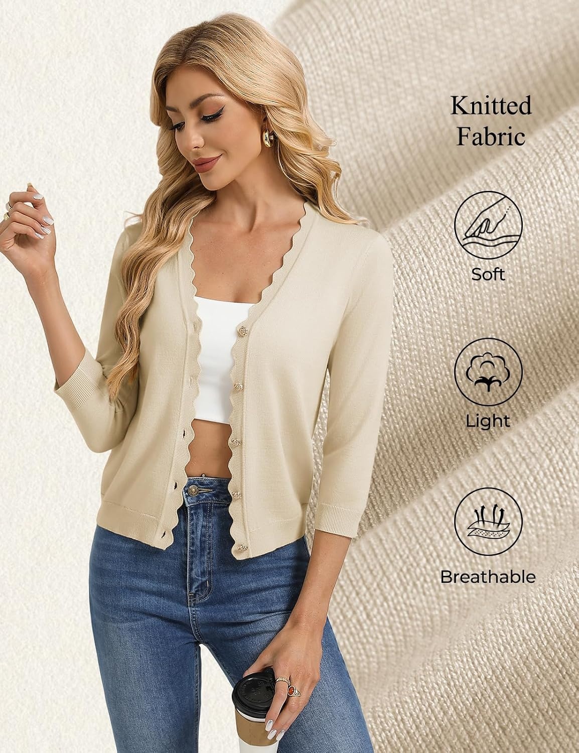 image:imageGRACE KARIN Cardigan Sweaters for Women Summer Lightweight 34 Sleeve Bolero Shrugs for Dress Women Fashion Outfits 2026Apricot