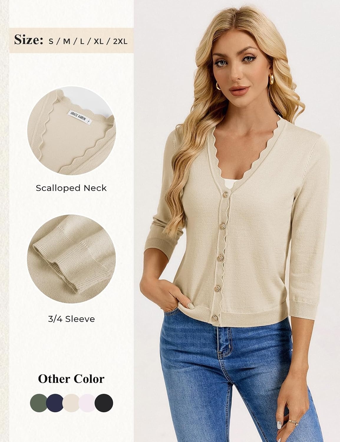 image:imageGRACE KARIN Cardigan Sweaters for Women Summer Lightweight 34 Sleeve Bolero Shrugs for Dress Women Fashion Outfits 2026Apricot