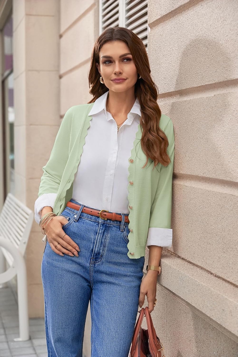 image:imageGRACE KARIN Cardigan Sweaters for Women Summer Lightweight 34 Sleeve Bolero Shrugs for Dress Women Fashion Outfits 2026Bean Green