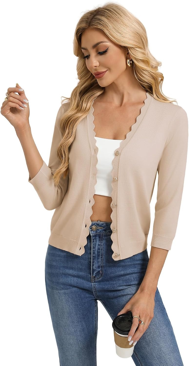 image:imageGRACE KARIN Cardigan Sweaters for Women Summer Lightweight 34 Sleeve Bolero Shrugs for Dress Women Fashion Outfits 2026Beige