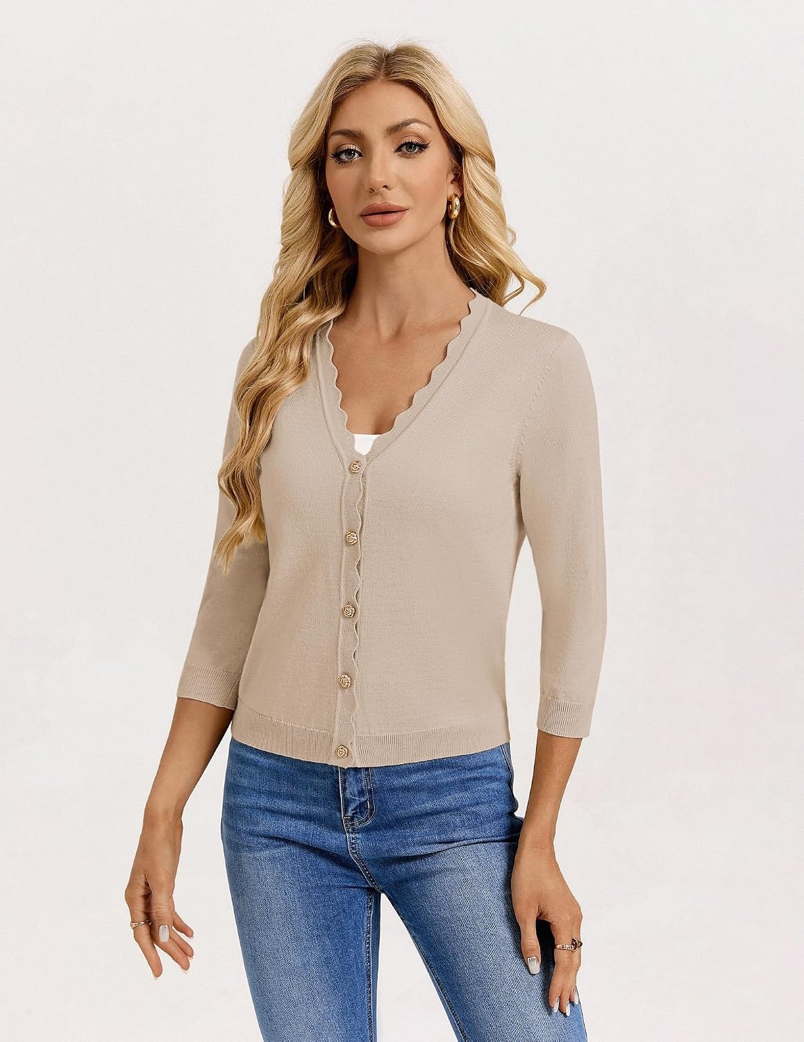 image:imageGRACE KARIN Cardigan Sweaters for Women Summer Lightweight 34 Sleeve Bolero Shrugs for Dress Women Fashion Outfits 2026Beige