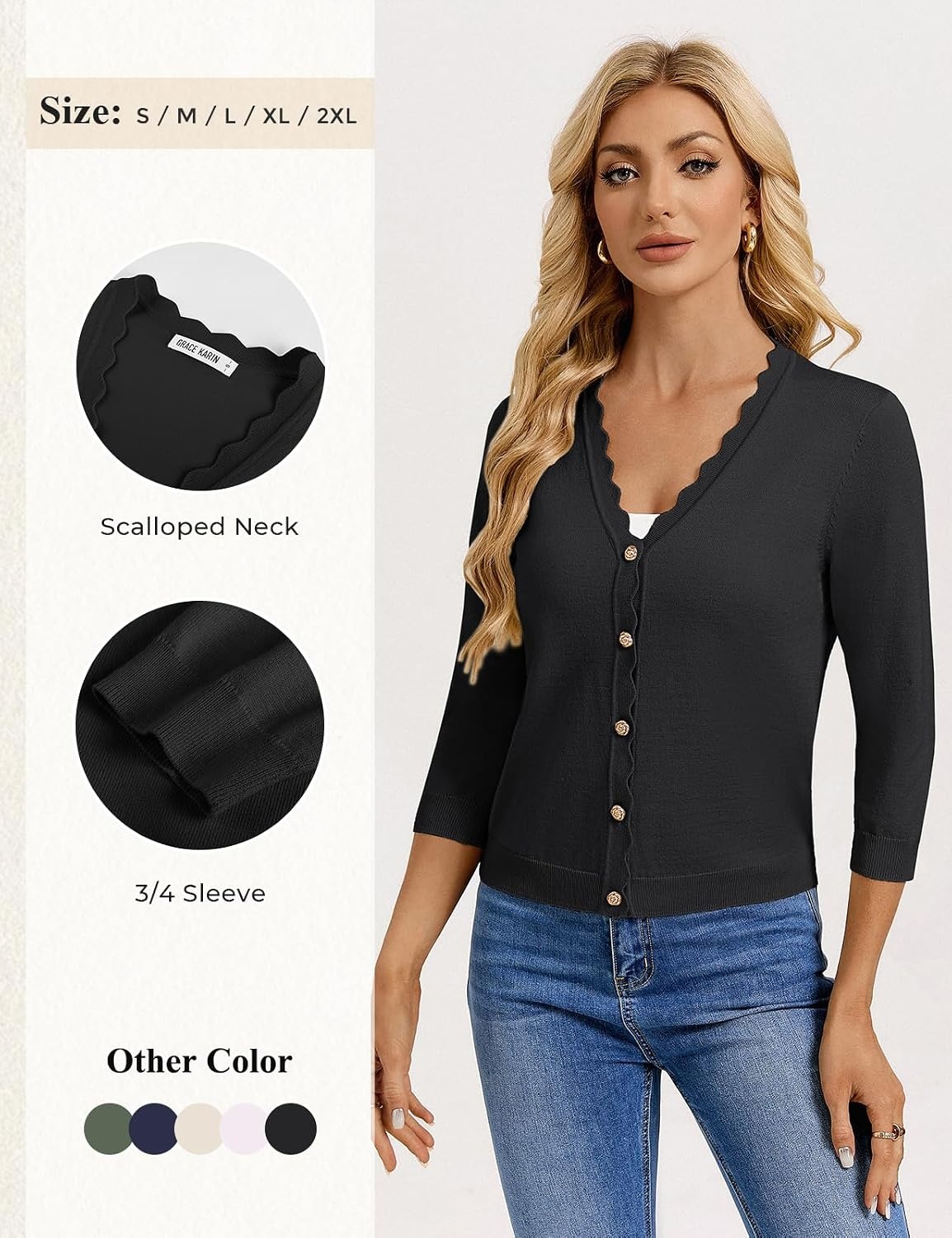 image:imageGRACE KARIN Cardigan Sweaters for Women Summer Lightweight 34 Sleeve Bolero Shrugs for Dress Women Fashion Outfits 2026Black