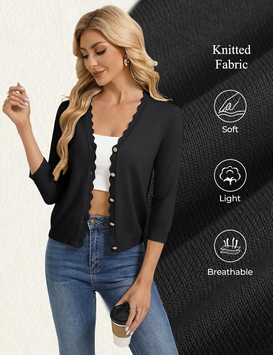 image:imageGRACE KARIN Cardigan Sweaters for Women Summer Lightweight 34 Sleeve Bolero Shrugs for Dress Women Fashion Outfits 2026Black
