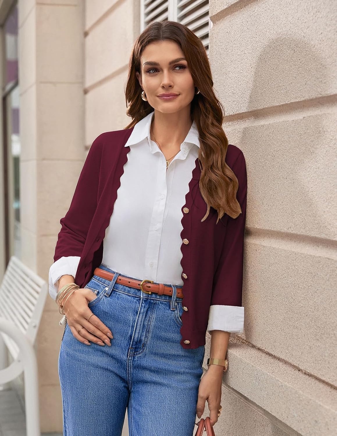 image:imageGRACE KARIN Cardigan Sweaters for Women Summer Lightweight 34 Sleeve Bolero Shrugs for Dress Women Fashion Outfits 2026Burgundy