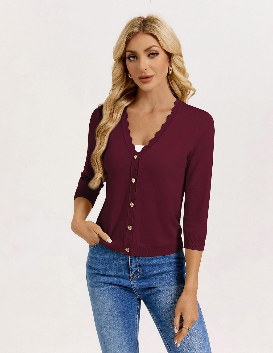 image:imageGRACE KARIN Cardigan Sweaters for Women Summer Lightweight 34 Sleeve Bolero Shrugs for Dress Women Fashion Outfits 2026Burgundy