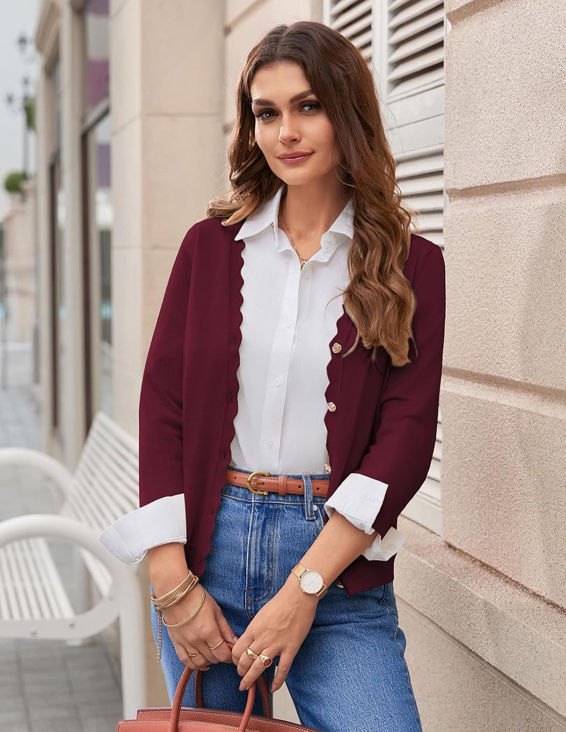 image:imageGRACE KARIN Cardigan Sweaters for Women Summer Lightweight 34 Sleeve Bolero Shrugs for Dress Women Fashion Outfits 2026Burgundy