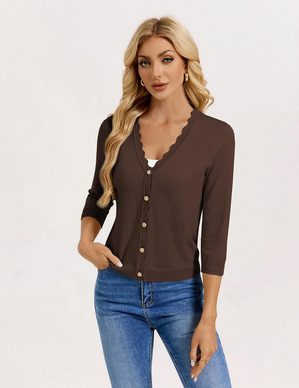 image:imageGRACE KARIN Cardigan Sweaters for Women Summer Lightweight 34 Sleeve Bolero Shrugs for Dress Women Fashion Outfits 2026Chocolate Brown