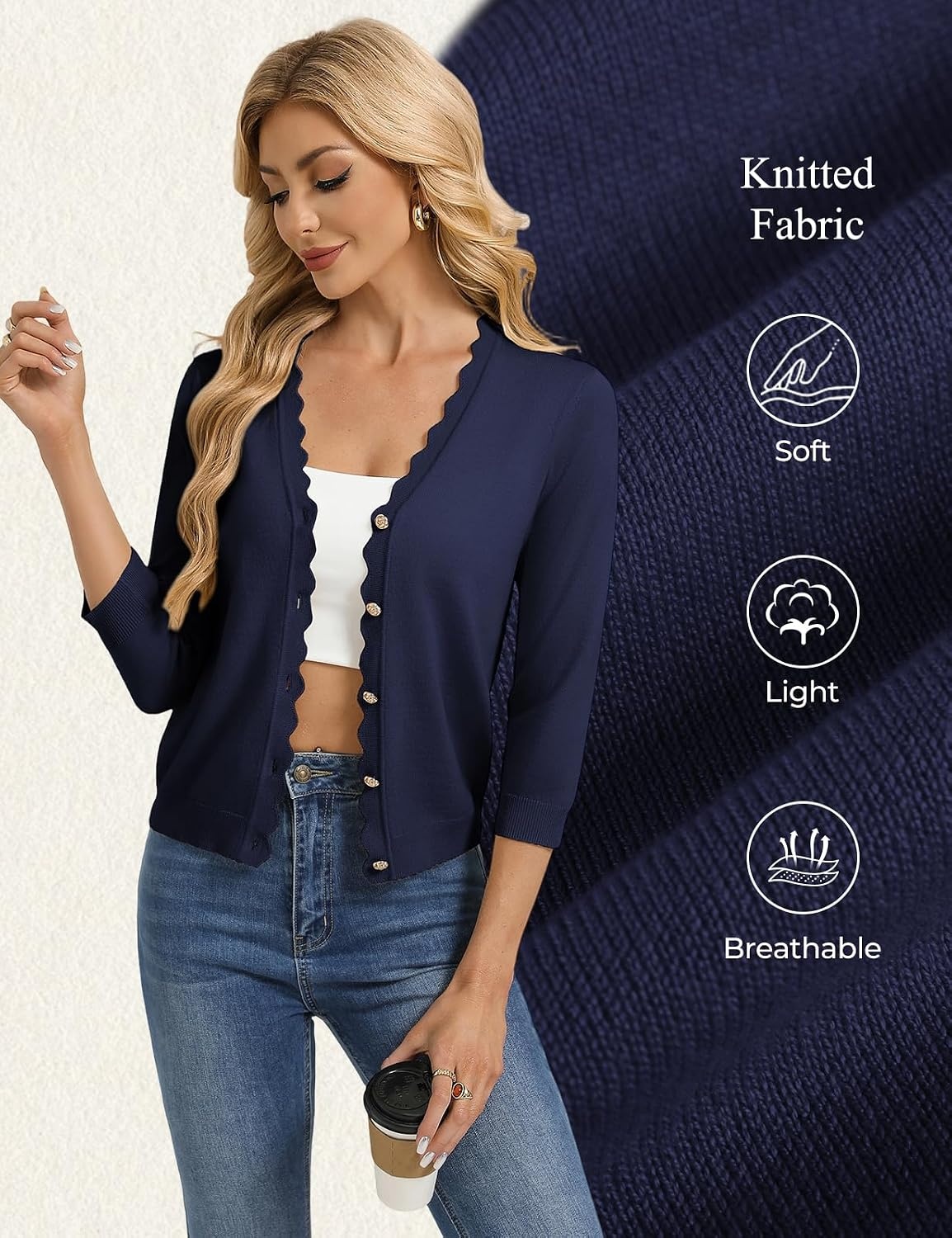 image:imageGRACE KARIN Cardigan Sweaters for Women Summer Lightweight 34 Sleeve Bolero Shrugs for Dress Women Fashion Outfits 2026Navy Blue
