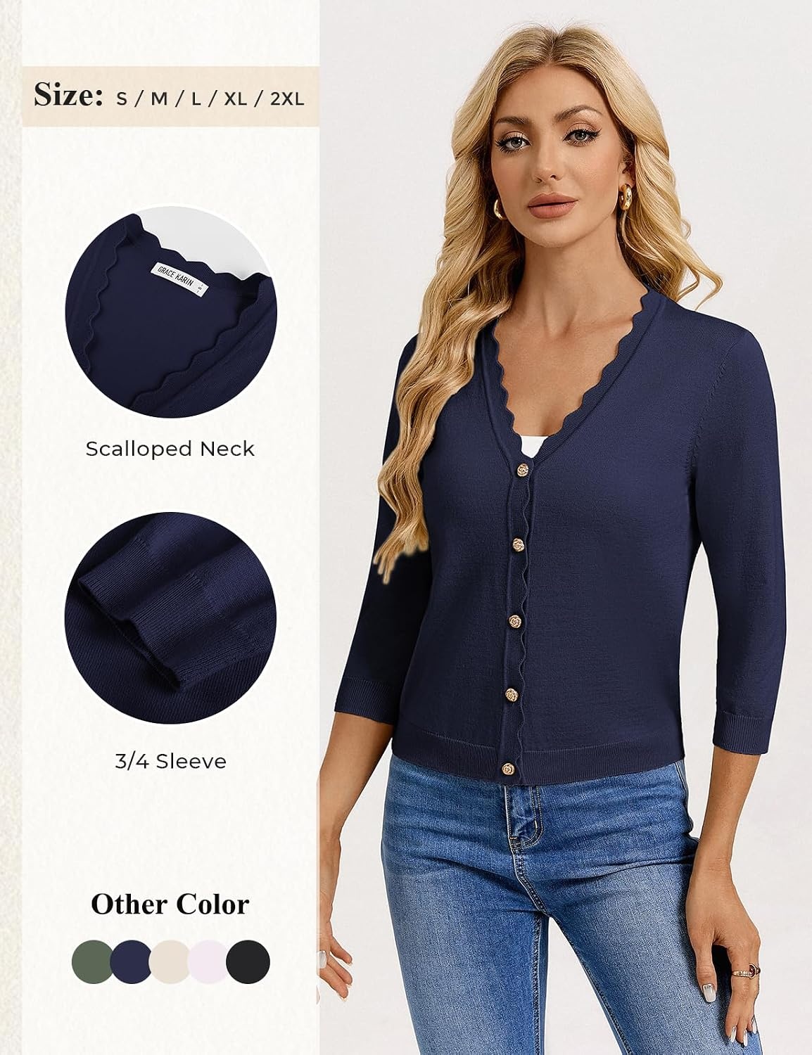 image:imageGRACE KARIN Cardigan Sweaters for Women Summer Lightweight 34 Sleeve Bolero Shrugs for Dress Women Fashion Outfits 2026Navy Blue
