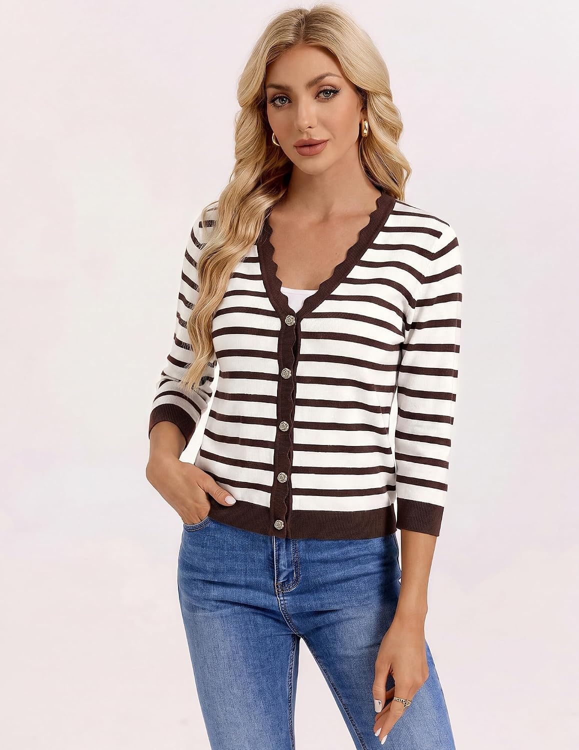 image:imageGRACE KARIN Cardigan Sweaters for Women Summer Lightweight 34 Sleeve Bolero Shrugs for Dress Women Fashion Outfits 2026White Coffee Striped
