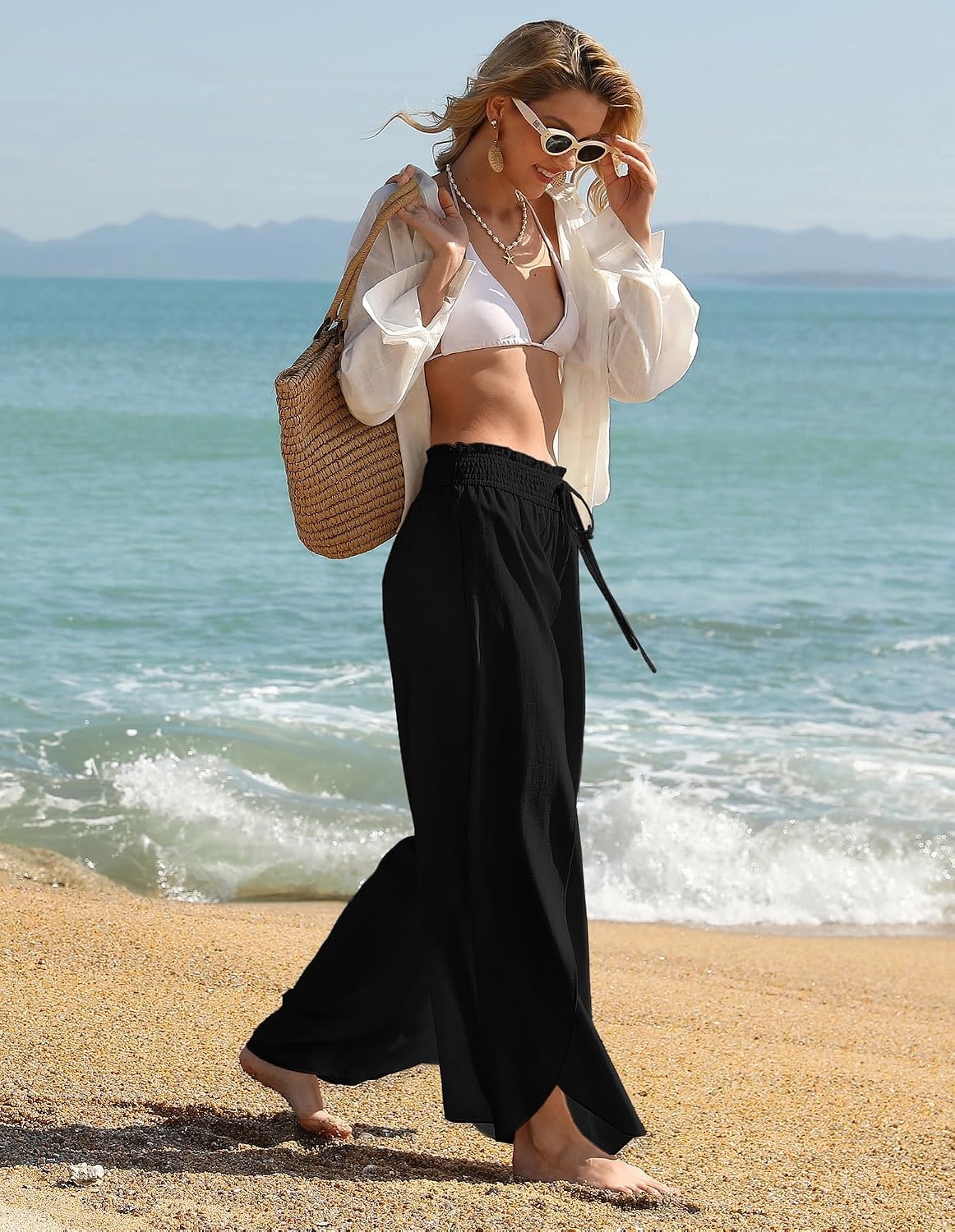 image:imageGRACE KARIN Women Palazzo Pants Linen Wide Leg Flowy Summer Beach TrousersBlack