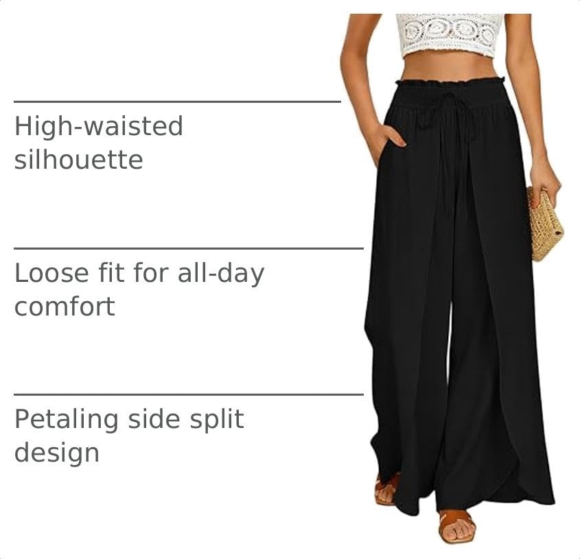 image:imageGRACE KARIN Women Palazzo Pants Linen Wide Leg Flowy Summer Beach TrousersBlack