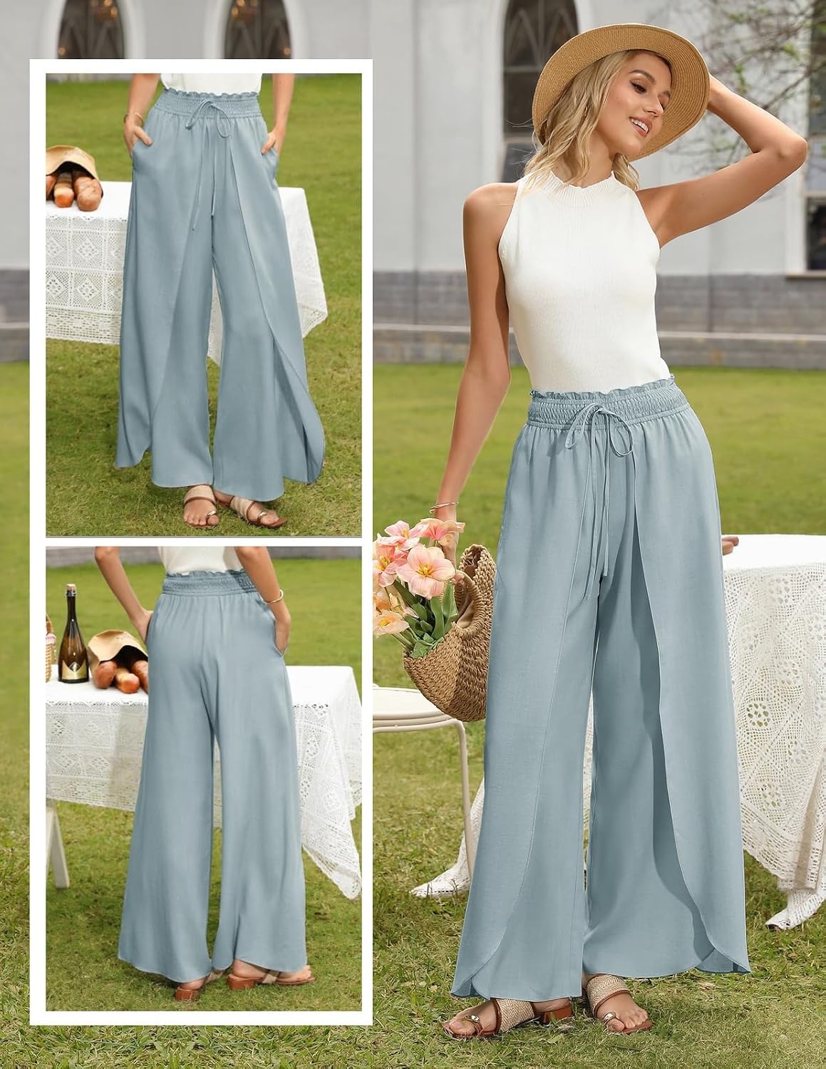 image:imageGRACE KARIN Women Palazzo Pants Linen Wide Leg Flowy Summer Beach TrousersLight Blue