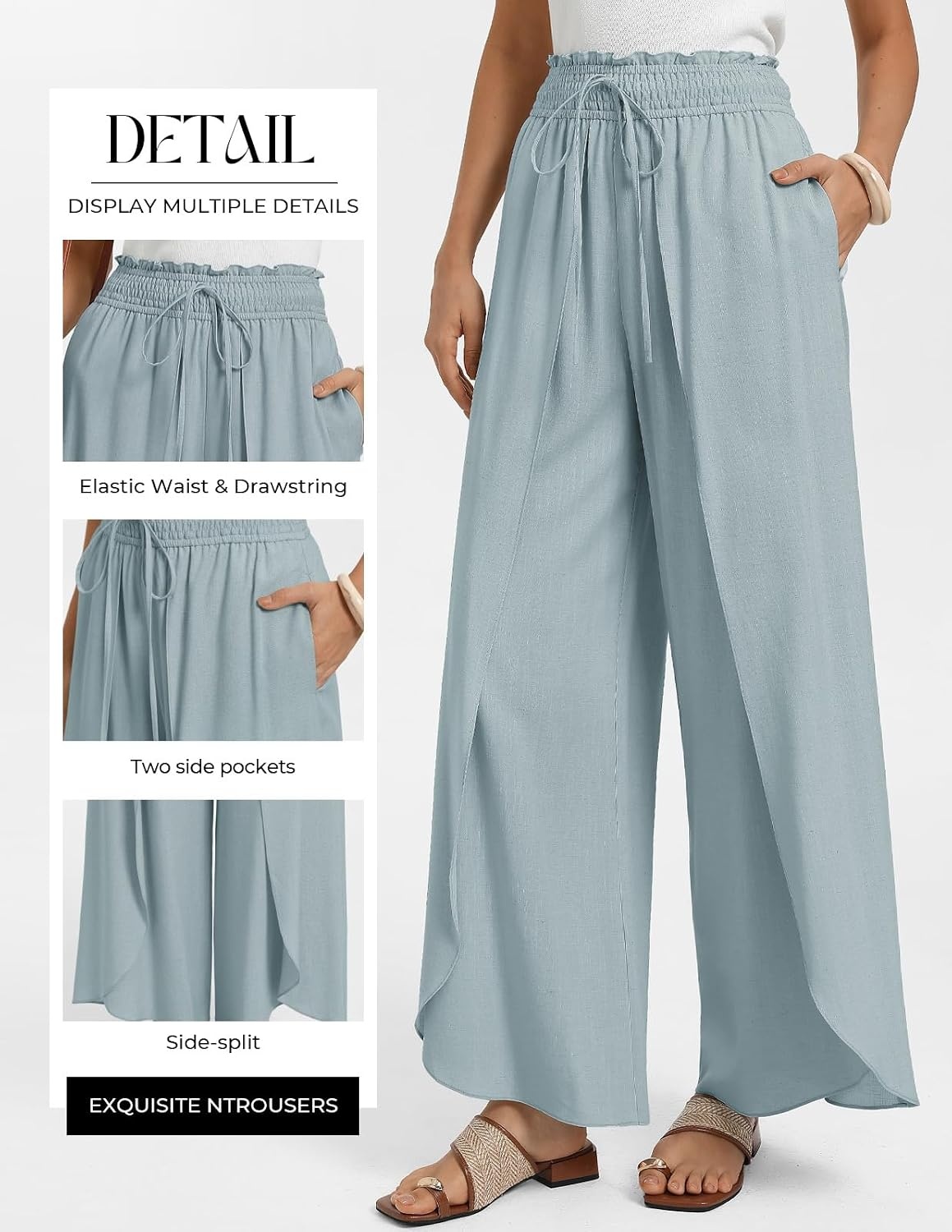 image:imageGRACE KARIN Women Palazzo Pants Linen Wide Leg Flowy Summer Beach TrousersLight Blue