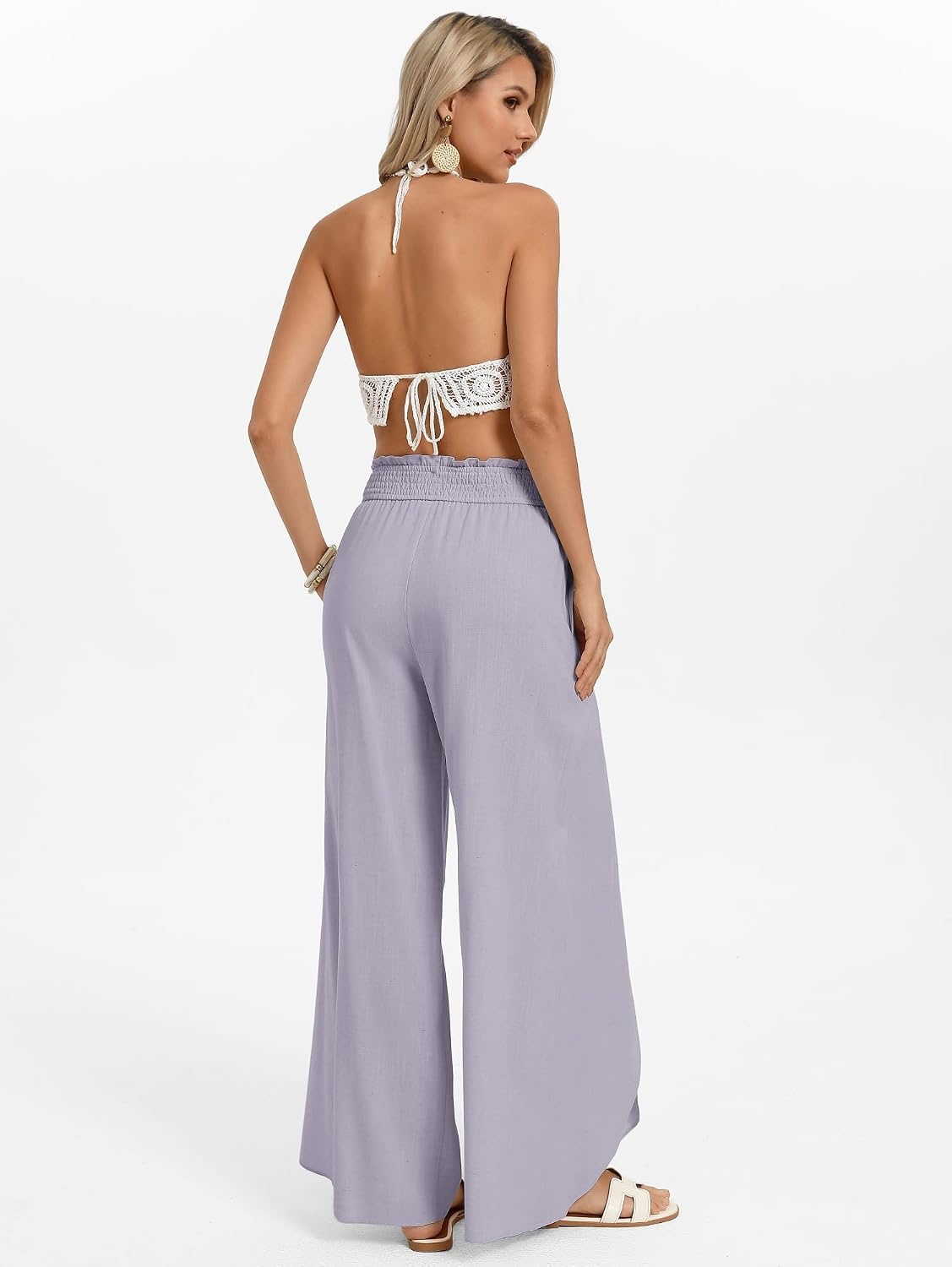 image:imageGRACE KARIN Women Palazzo Pants Linen Wide Leg Flowy Summer Beach TrousersLight Purple