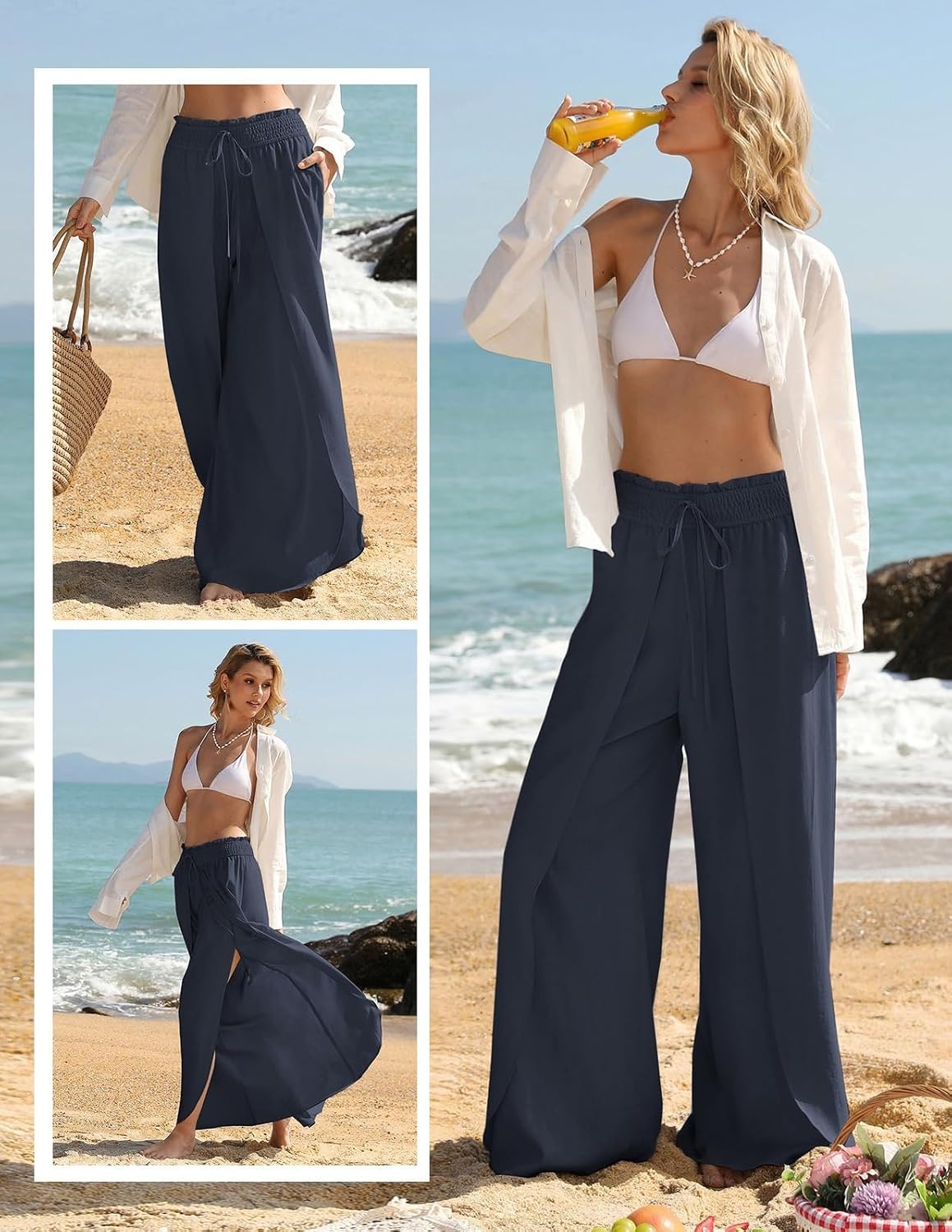 image:imageGRACE KARIN Women Palazzo Pants Linen Wide Leg Flowy Summer Beach TrousersNavy Blue