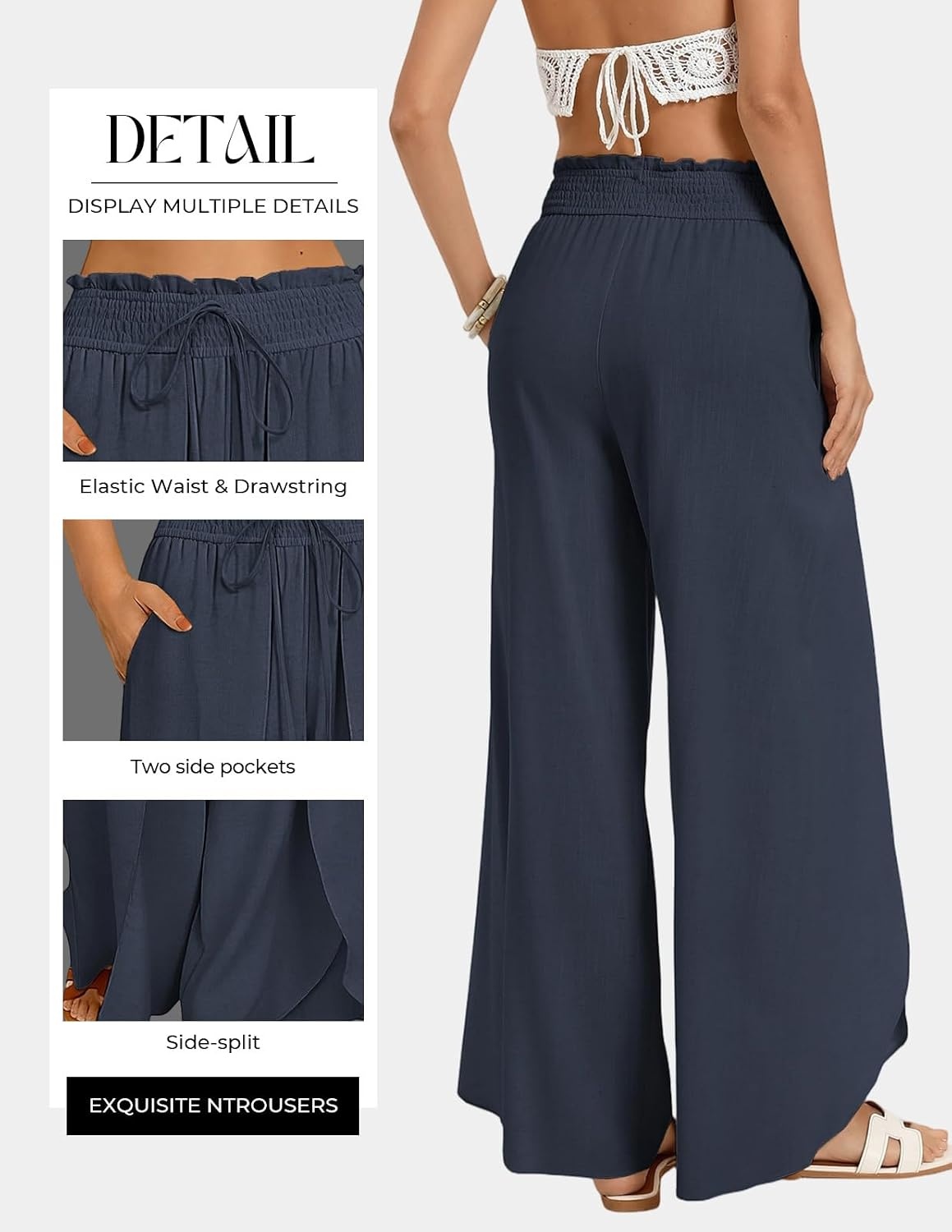 image:imageGRACE KARIN Women Palazzo Pants Linen Wide Leg Flowy Summer Beach TrousersNavy Blue