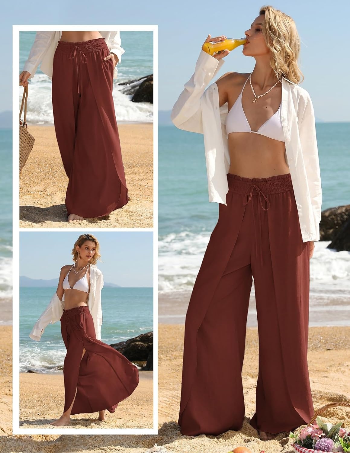 image:imageGRACE KARIN Women Palazzo Pants Linen Wide Leg Flowy Summer Beach TrousersOrange Red