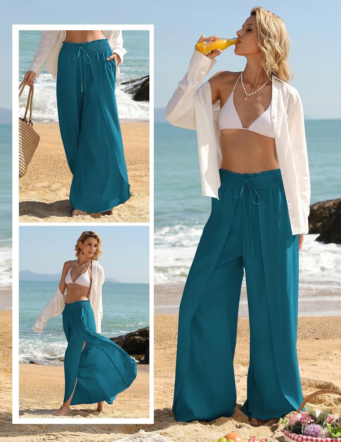 image:imageGRACE KARIN Women Palazzo Pants Linen Wide Leg Flowy Summer Beach TrousersPeacock Blue