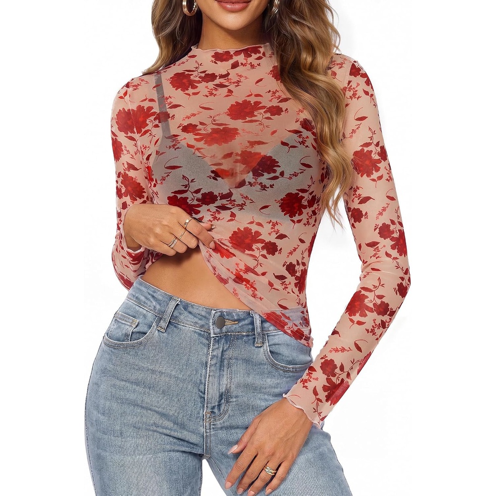 image:imageGRACE KARIN 2026 Mock Neck Sheer Lace Long Sleeve TopRed Flower
