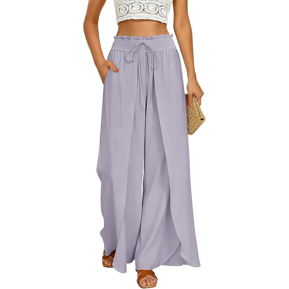 image:imageGRACE KARIN Women Palazzo Pants Linen Wide Leg Flowy Summer Beach TrousersLight Purple