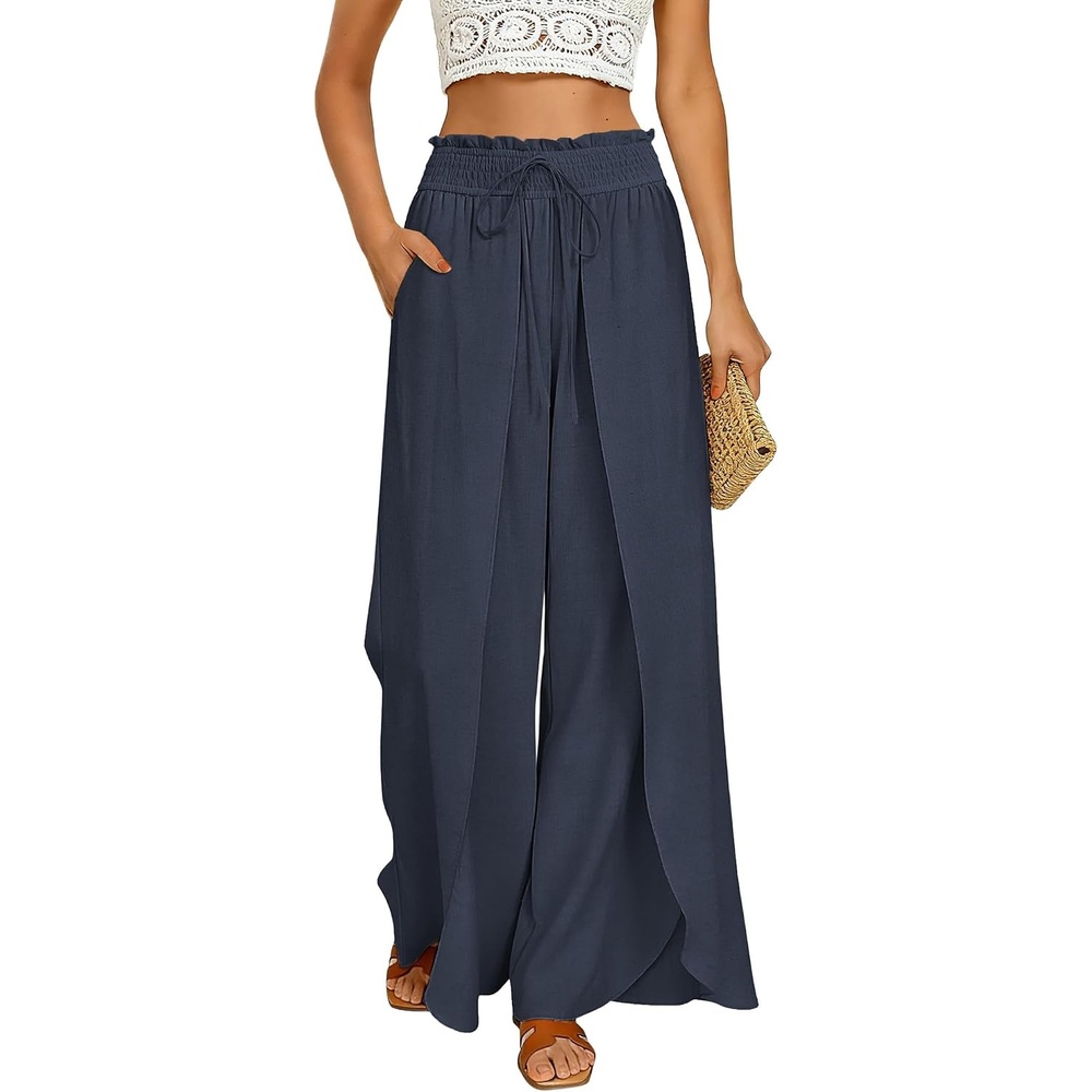 image:imageGRACE KARIN Women Palazzo Pants Linen Wide Leg Flowy Summer Beach TrousersNavy Blue