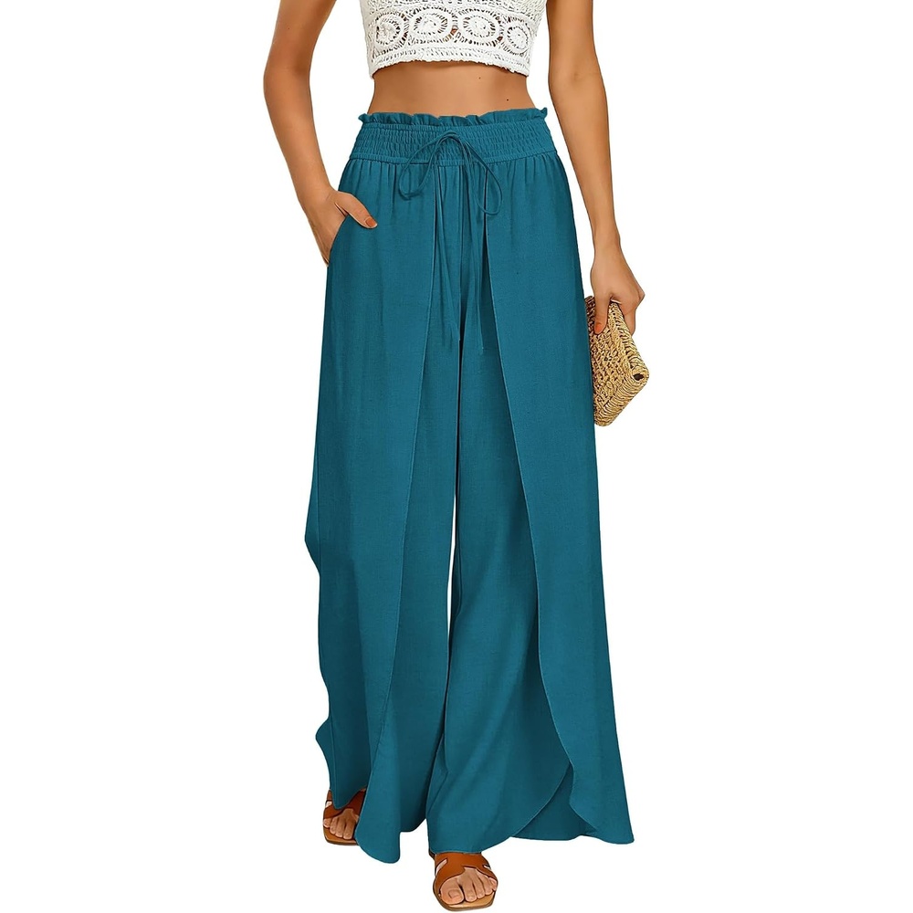 image:imageGRACE KARIN Women Palazzo Pants Linen Wide Leg Flowy Summer Beach TrousersPeacock Blue