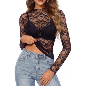 GRACE KARIN 2026 Mock Neck Sheer Lace Long Sleeve Top(Black Floral Fragments)