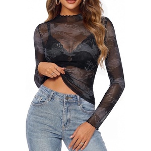 GRACE KARIN 2026 Mock Neck Sheer Lace Long Sleeve Top(Black Smudge)