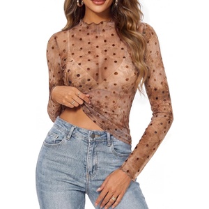GRACE KARIN 2026 Mock Neck Sheer Lace Long Sleeve Top(Coffee Wave Point)