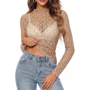 GRACE KARIN 2026 Mock Neck Sheer Lace Long Sleeve Top(Khaki Textured Lace)