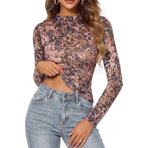 GRACE KARIN 2026 Mock Neck Sheer Lace Long Sleeve Top(Leopard Lace)