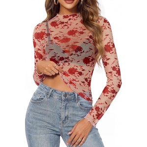GRACE KARIN 2026 Mock Neck Sheer Lace Long Sleeve Top(Red Flower)