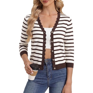 GRACE KARIN Cardigan Sweaters for Women Summer Lightweight 3/4 Sleeve Bolero Shrugs for Dress Women Fashion Outfits 2026(White Coffee Striped)