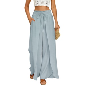 GRACE KARIN Women Palazzo Pants Linen Wide Leg Flowy Summer Beach Trousers(Light Blue)