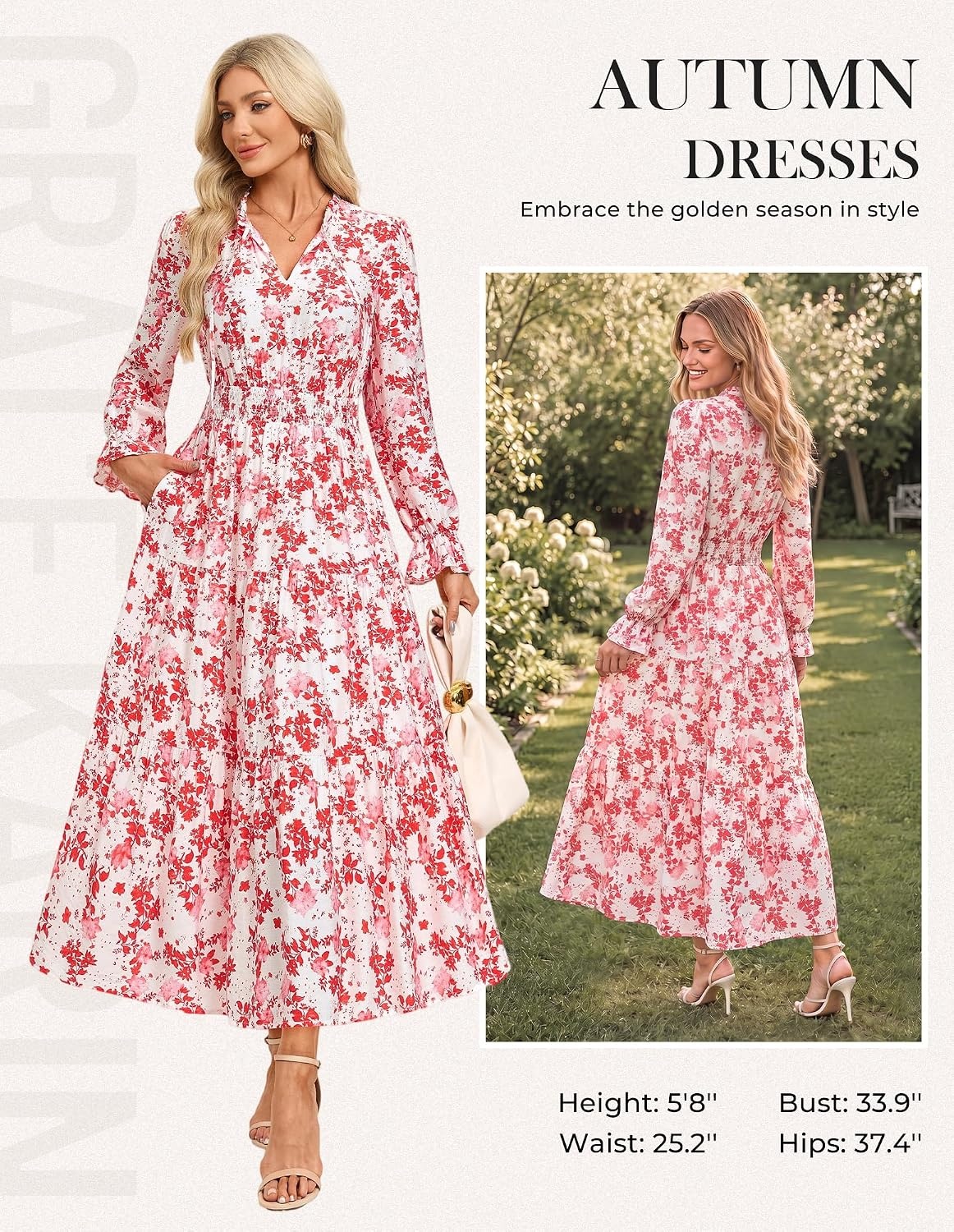 image:imageGRACE KARIN Fall Wedding Guest Causal Midi Floral V Neck DressesLight Pink Floral