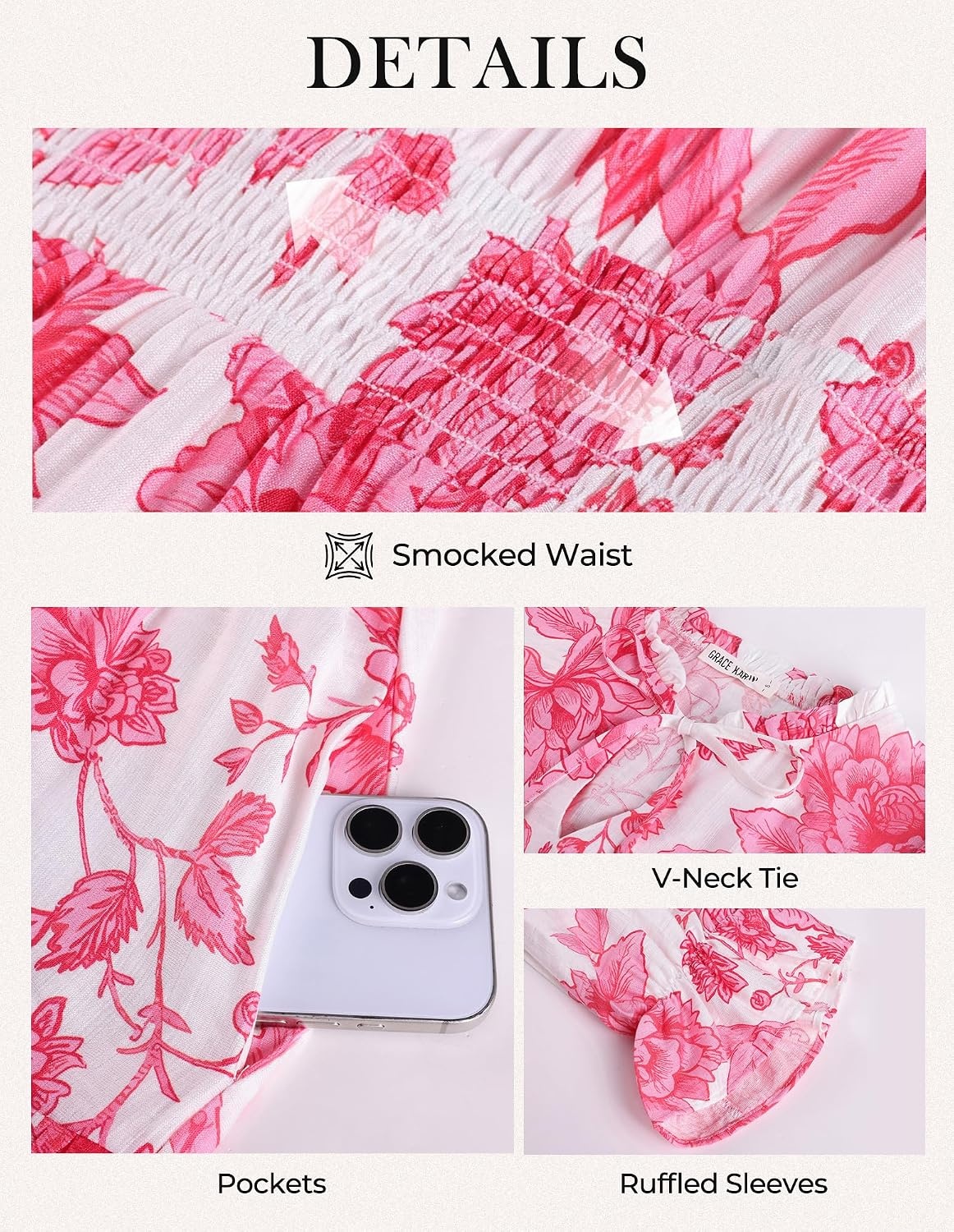 image:imageGRACE KARIN Fall Wedding Guest Causal Midi Floral V Neck DressesPink Floral