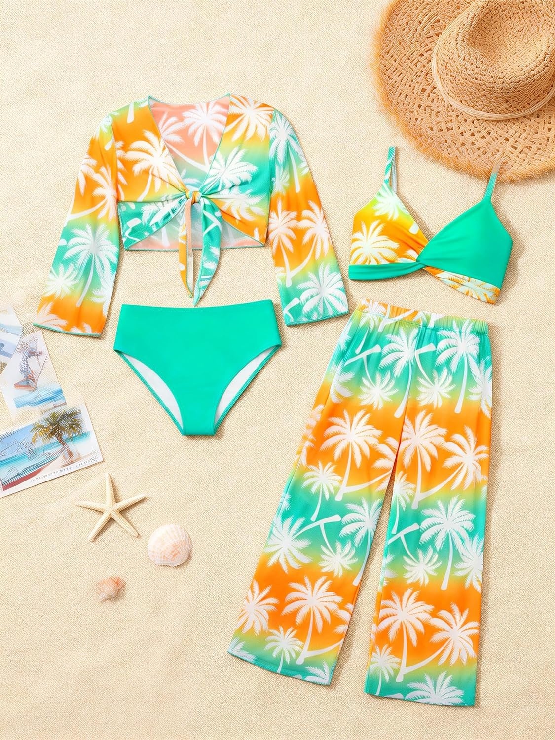 image:imageGRACE KARIN Girls 4 Piece Tankini Bikini Bathing Swimsuit with Pants 716Bluecoconut Tree